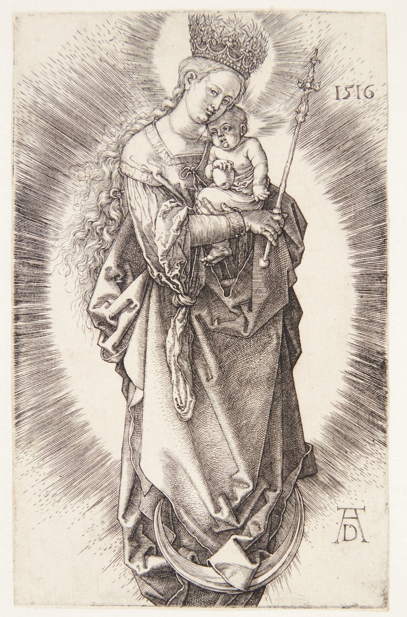 Die Jungfrau auf einer Mondsichel mit einer Krone aus Sternen und einem Zepter von Albrecht Dürer