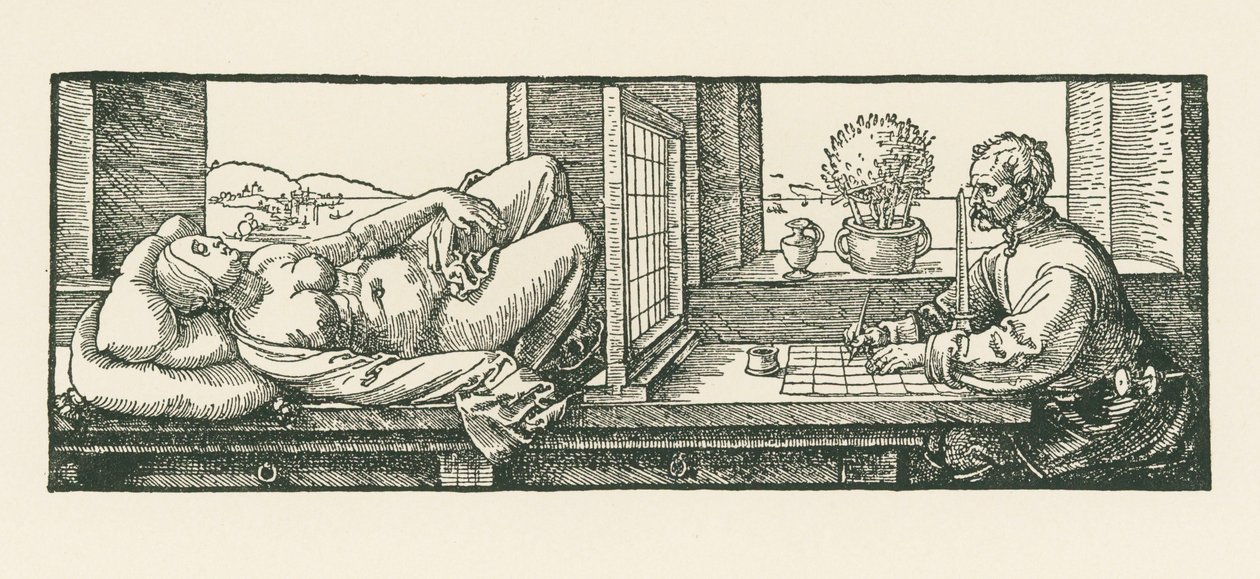 Ein Mann zeichnet eine liegende Frau von Albrecht Dürer or Duerer