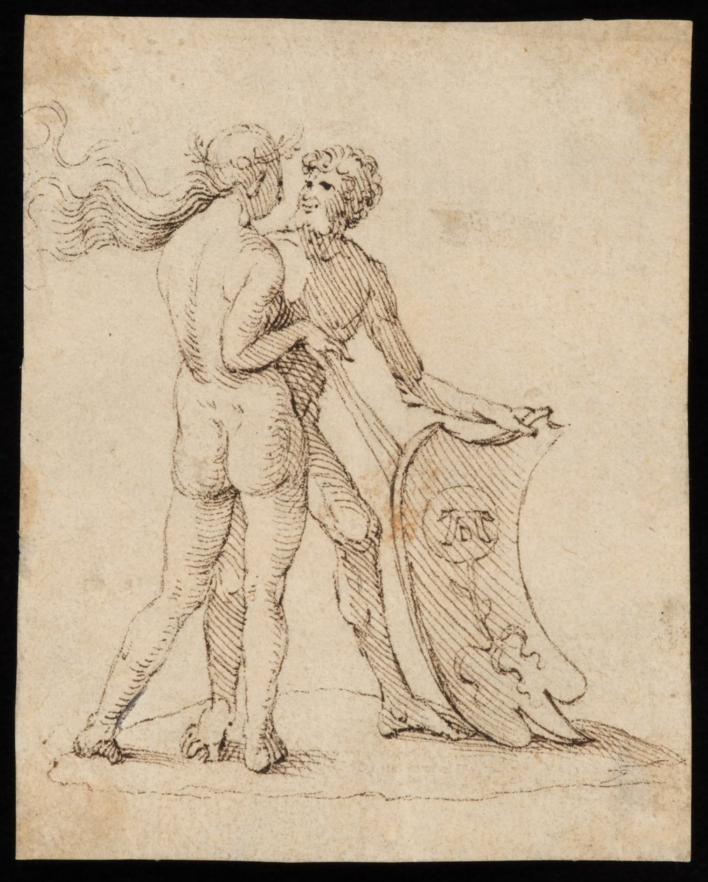 Nackte Frau und Mann mit dem Schild mit dem Wappen von Willibald Pirckheimer von Albrecht Dürer