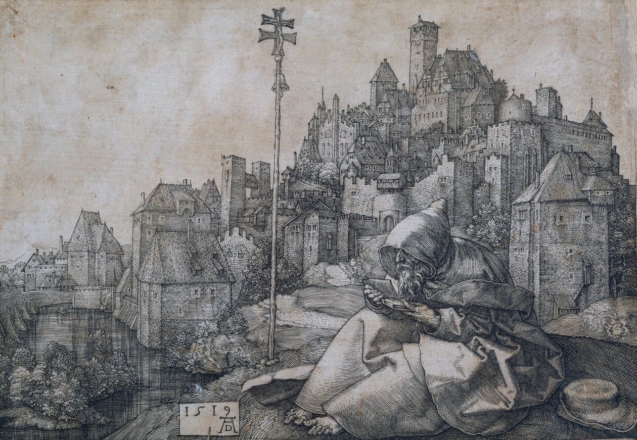 Der heilige Antonius sitzt vor einer Stadt von Albrecht Dürer