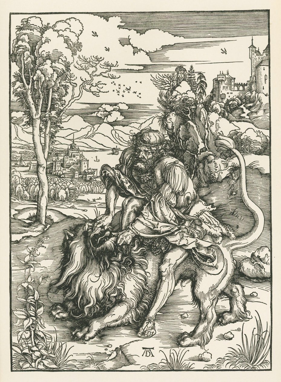 Samson tötet den Löwen, um 1497-98 (Holzschnitt) von Albrecht Dürer or Duerer