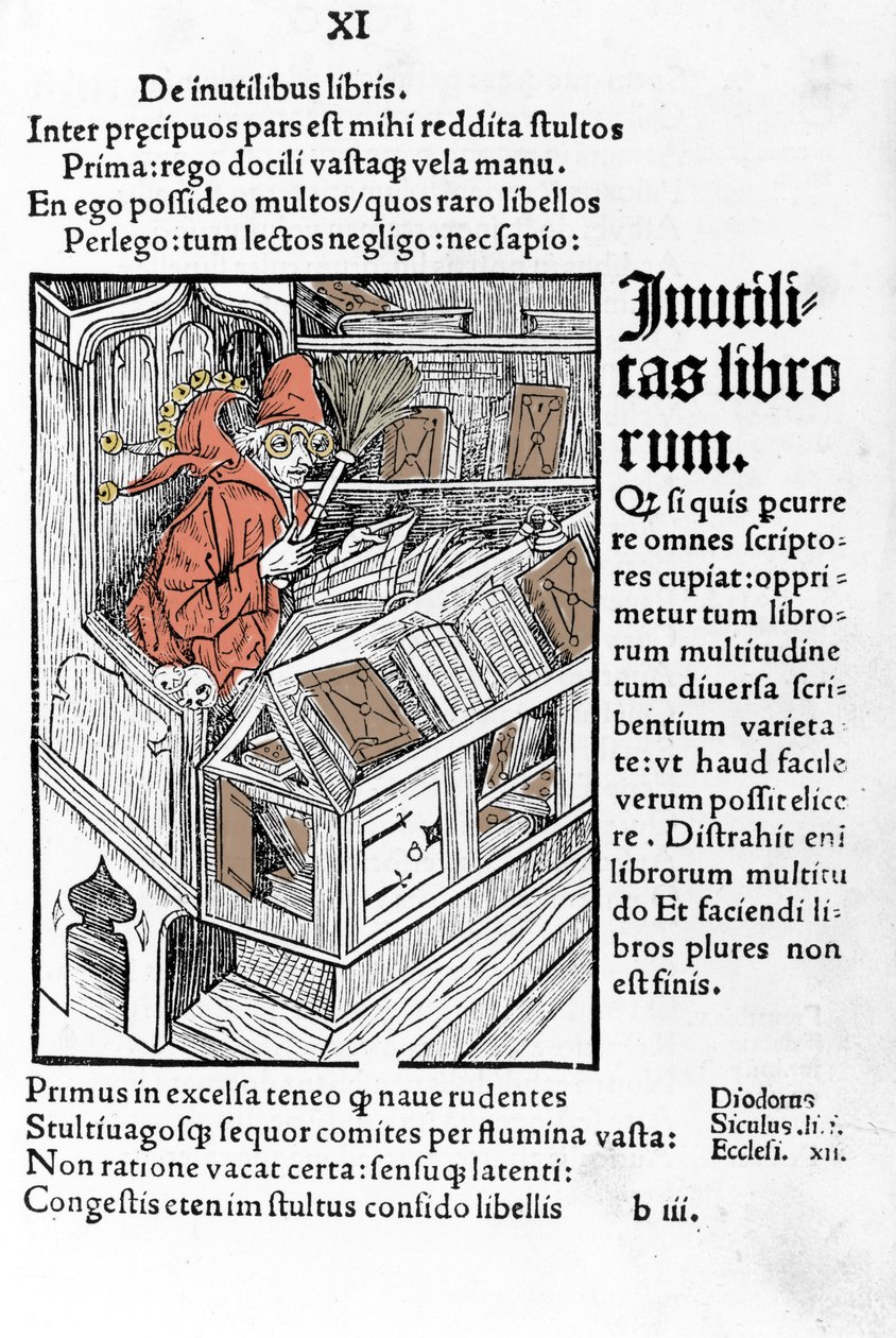 Gelehrter in seinem Büro. Er trägt eine Brille. Xylographie von Dürer in „das Narrenschiff“ von Sebastiano Brandt von Albrecht Dürer
