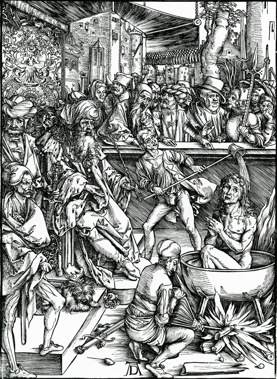 Der heilige Johannes der Evangelist wird in einem Kessel mit kochendem Öl gefoltert, aus der 