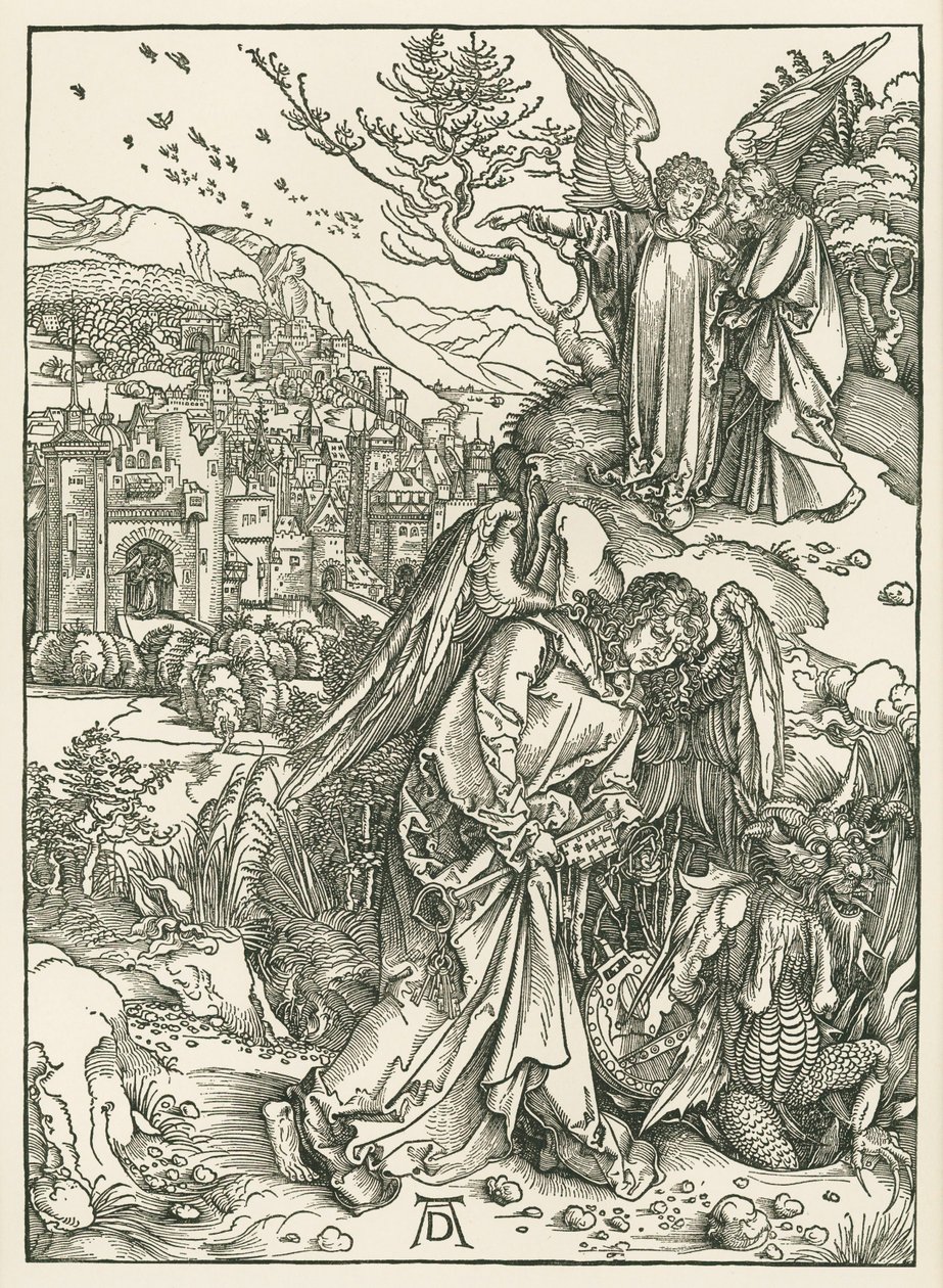 Der Engel mit dem Schlüssel wirft den Drachen in den Abgrund und ein anderer Engel zeigt dem Heiligen Johannes das Neue Jerusalem von Albrecht Dürer or Duerer