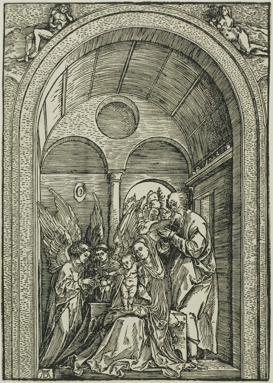 Die Heilige Familie mit zwei Engeln in einer gewölbten Halle von Albrecht Dürer or Duerer