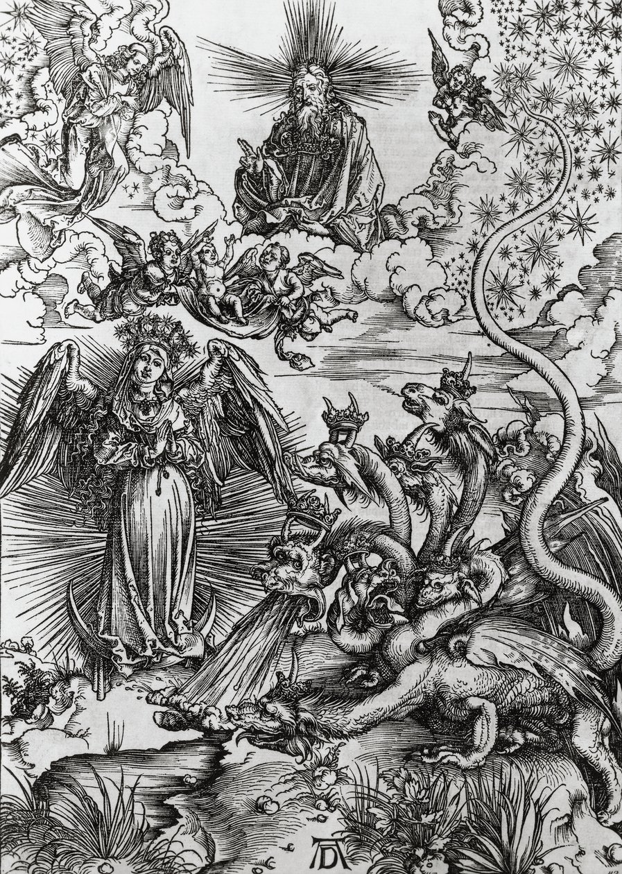 Frau der Apokalypse und siebenköpfiger Drache, Apokalypse von Albrecht Dürer