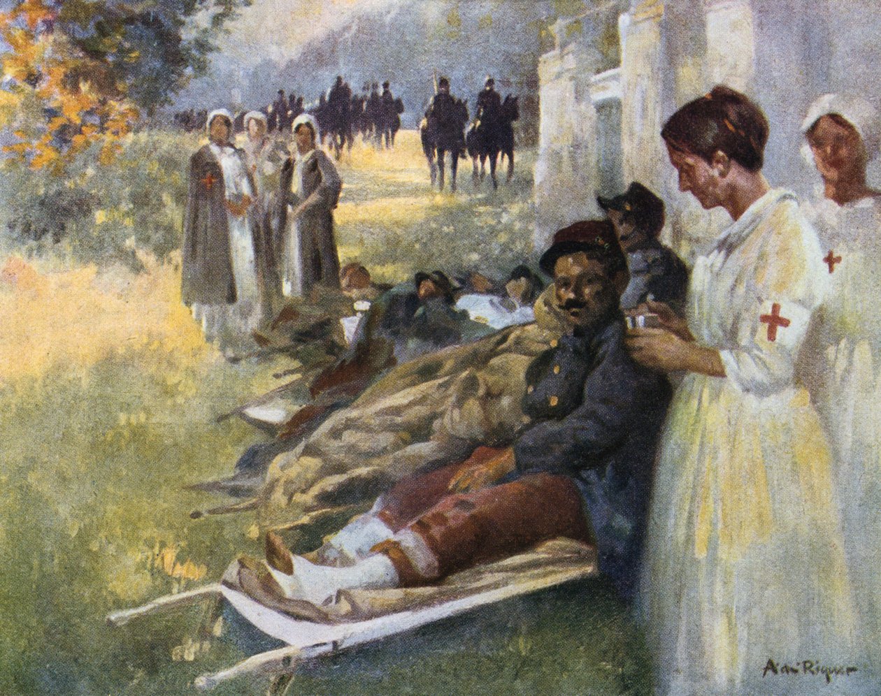 Erste Hilfe: Verwundeter Soldat und seine Krankenschwester an einer Verbandsstation während des Ersten Weltkriegs in Frankreich von Alejandro de Riquer
