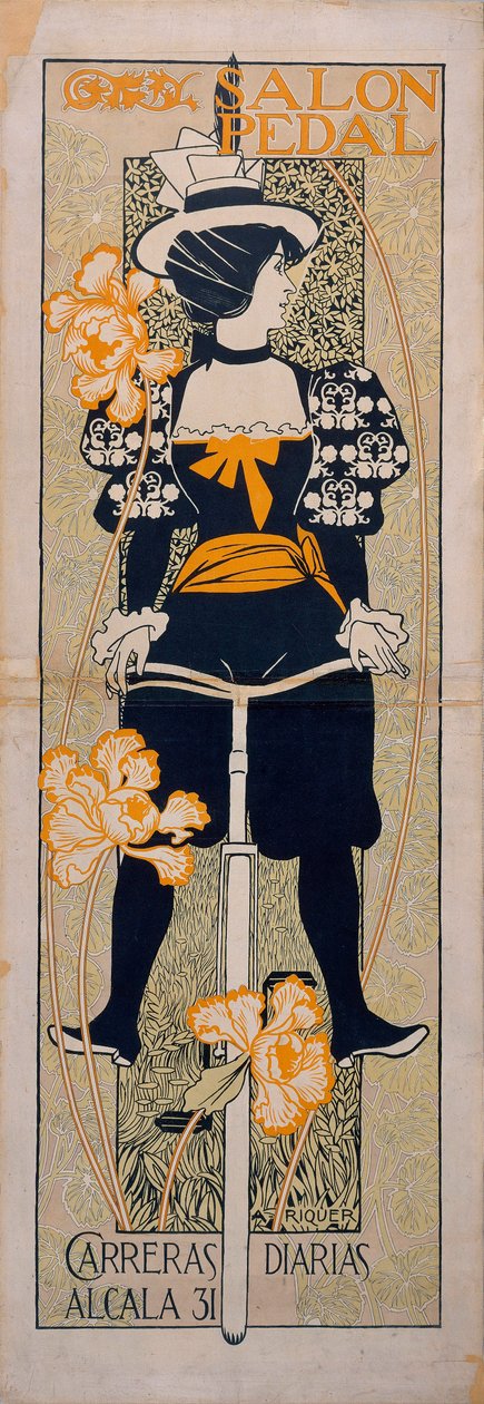 Salon Pedal - Werbung für eine Radrennbahn in Málaga (Spanien) - Lithographie von Alexandre de Riquer i Ynglada von Alejandro de Riquer