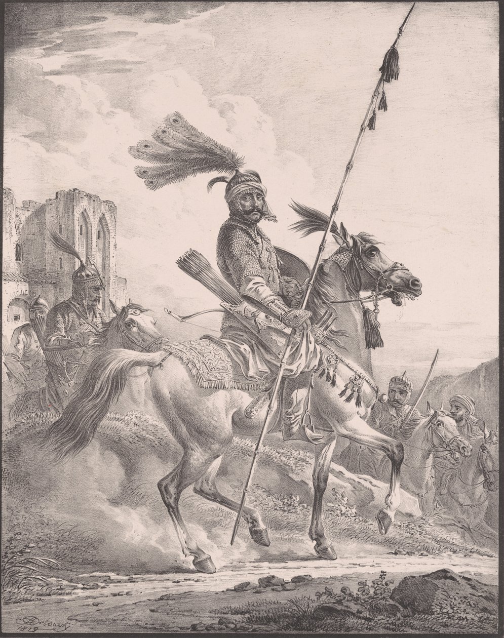 Kurdischer Krieger in Rüstung auf Pferd, 1819 von Aleksandr Orlovsky