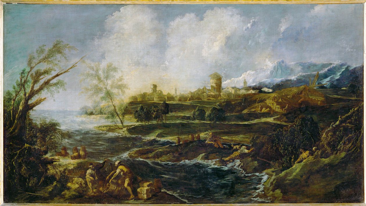 Landschaft mit einem Mann und Sarg am Flussufer von Alessandro (style of) Magnasco