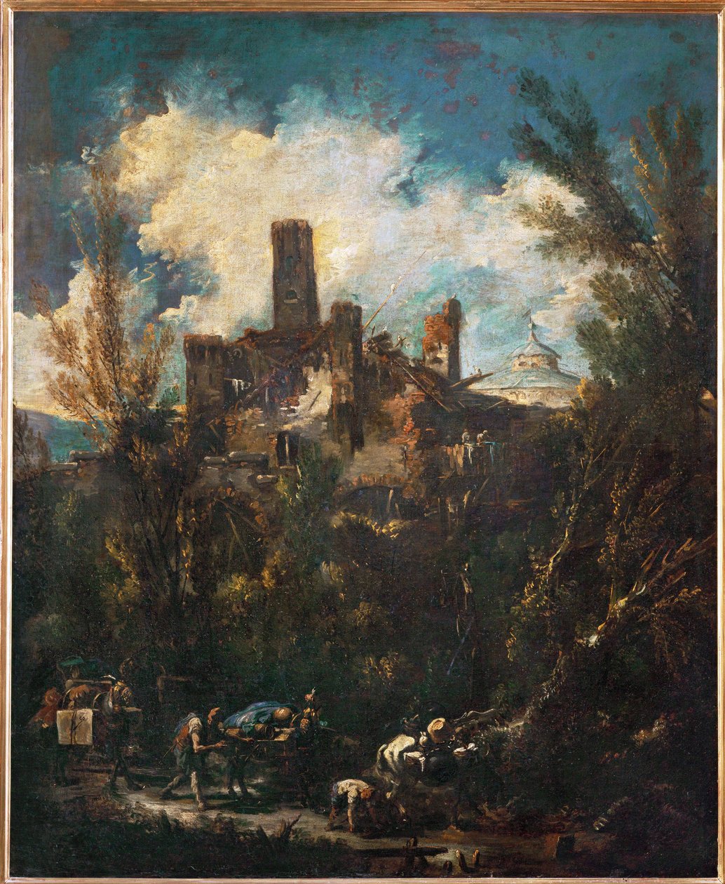 Der Maultiertreiber oder Landschaft mit Schloss von Alessandro (style of) Magnasco