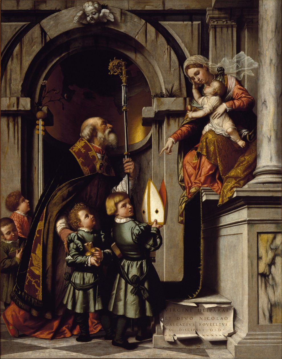 Der heilige Nikolaus von Myra oder Bari präsentiert die Schüler von Galeazzo Rovelli der Jungfrau mit dem Jesuskind auf dem Thron von Alessandro Bonvicino Moretto