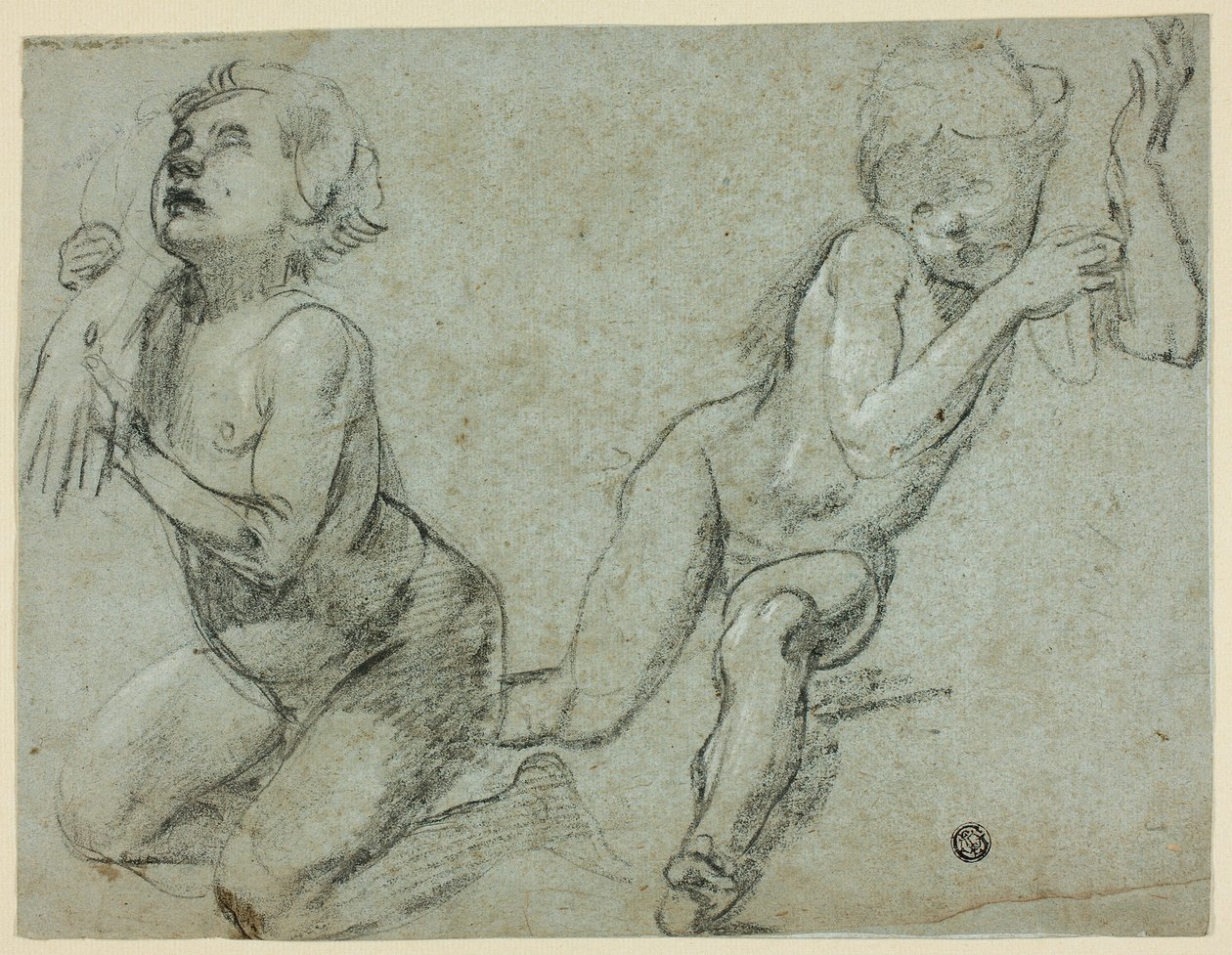 Skizzen von zwei Putti, einer hält die Hand des toten Christus (recto); Torso und Beine einer knienden Figur (verso) von Alessandro Casolani