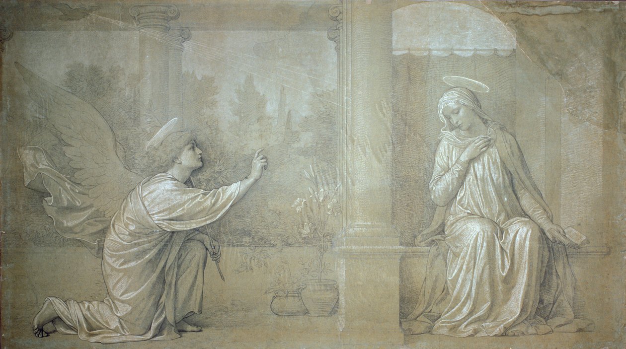 Die Verkündigung, vorbereitender Karton für das Fresko der Cappella Raffo im Friedhof der Misericordia, Siena von Alessandro Franchi