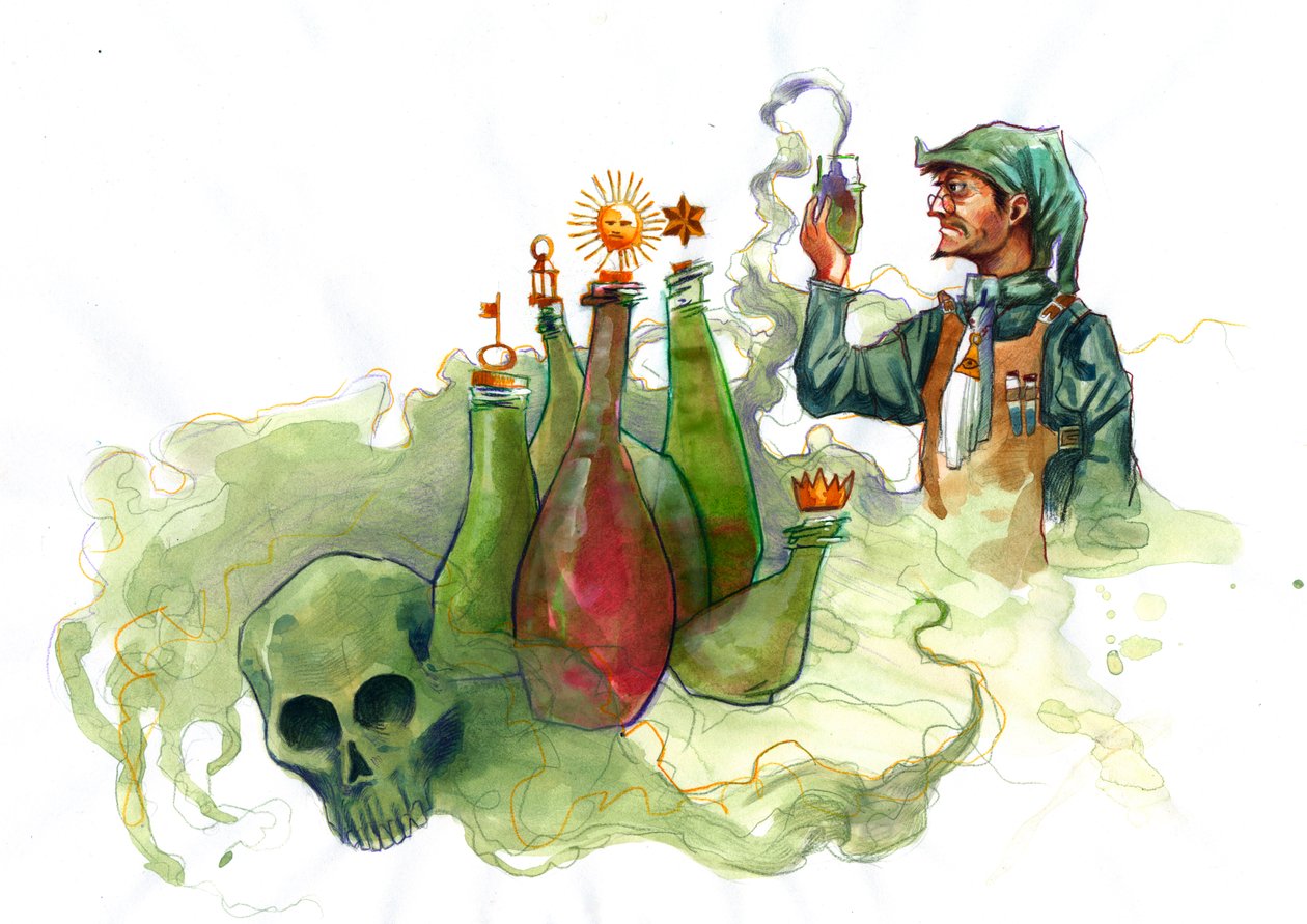 Ein Alchemist in seinem Labor, umgeben von Fläschchen und Destillierkolben, untersucht den Inhalt eines Fläschchens von Alessandro Lonati