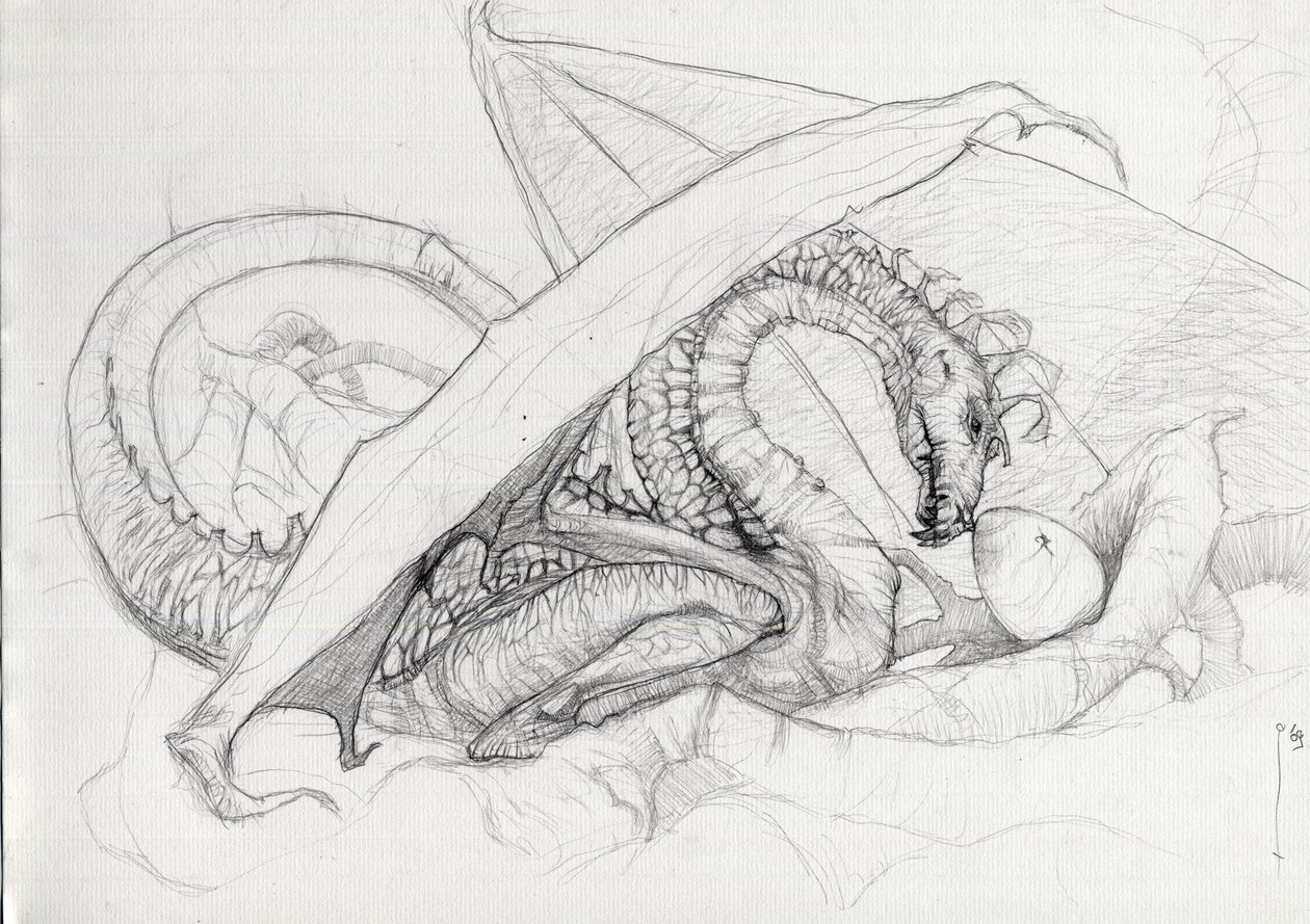 Fantastische Kreatur: ein Drache, der sein Ei beschützt. von Alessandro Lonati