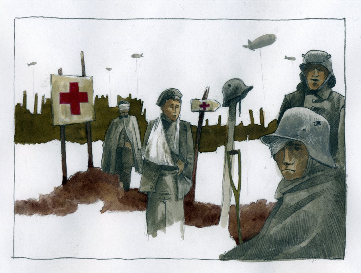 Erster Weltkrieg: Kriegsversehrte und Verwundete in Obhut des Rotkreuz-Rettungspostens - 1914-1918 - Illustration von Alessandro Lonati von Alessandro Lonati