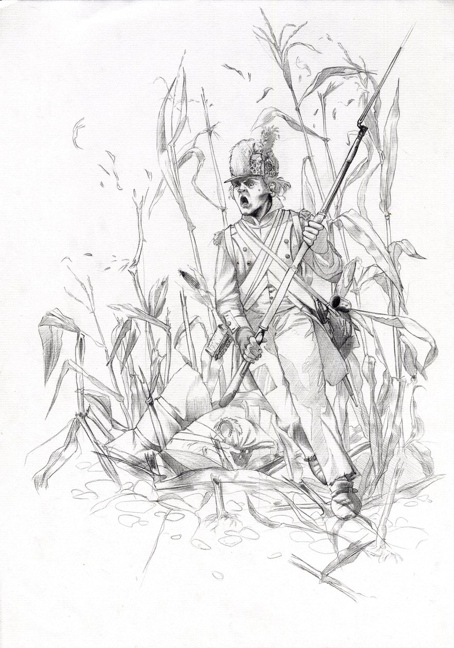 Soldat der napoleonischen Armee, Infanterist stürmt durch ein Maisfeld mit einem verwundeten Kameraden von Alessandro Lonati
