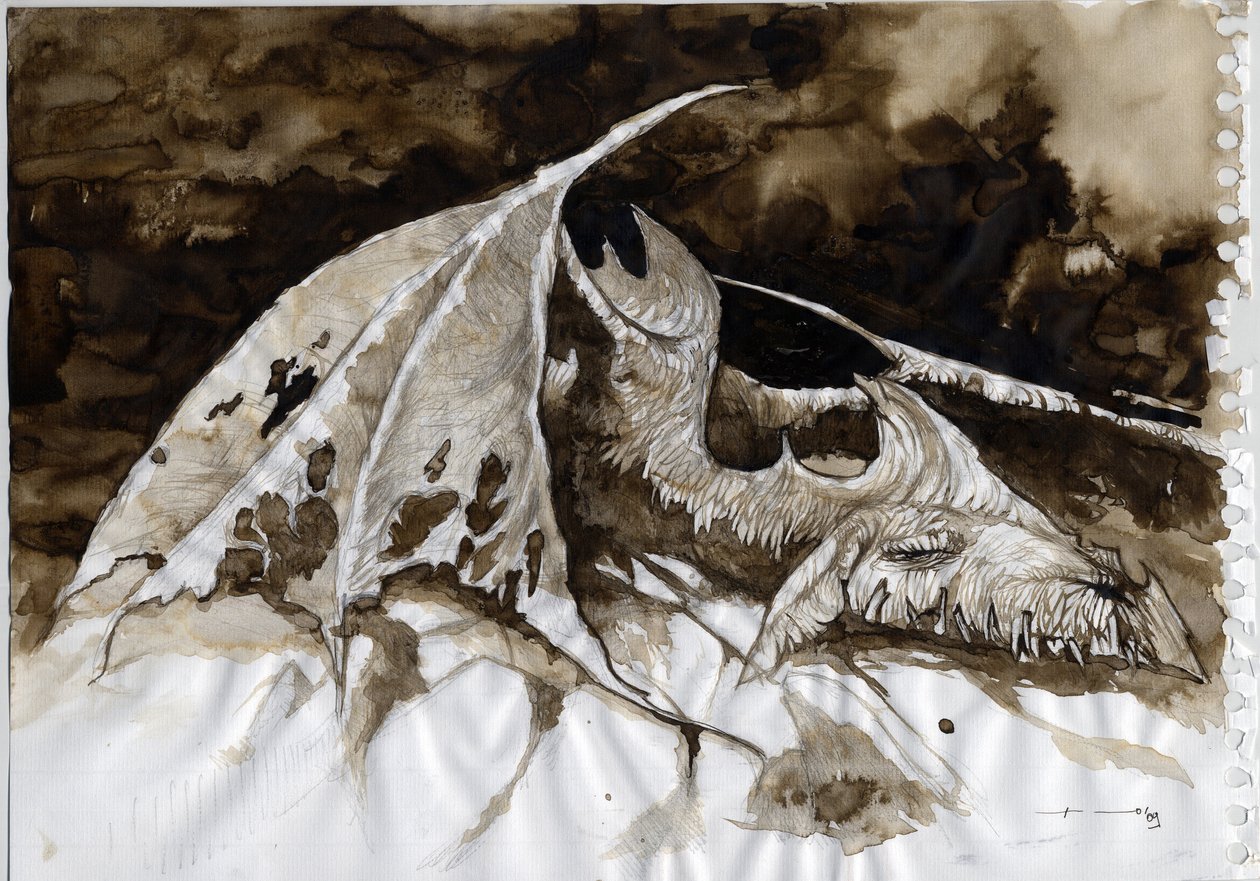 Illustration eines fantastischen und legendären Tieres: tote Drachenleiche. von Alessandro Lonati