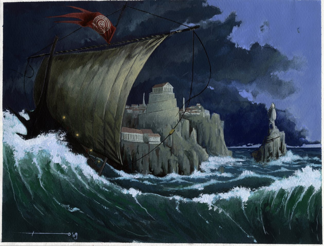 Illustration des Mythos der unter dem Meer verschwundenen Insel Atlantis: Ansicht der griechischen Stadt der legendären Insel vor ihrem Verschwinden von Alessandro Lonati