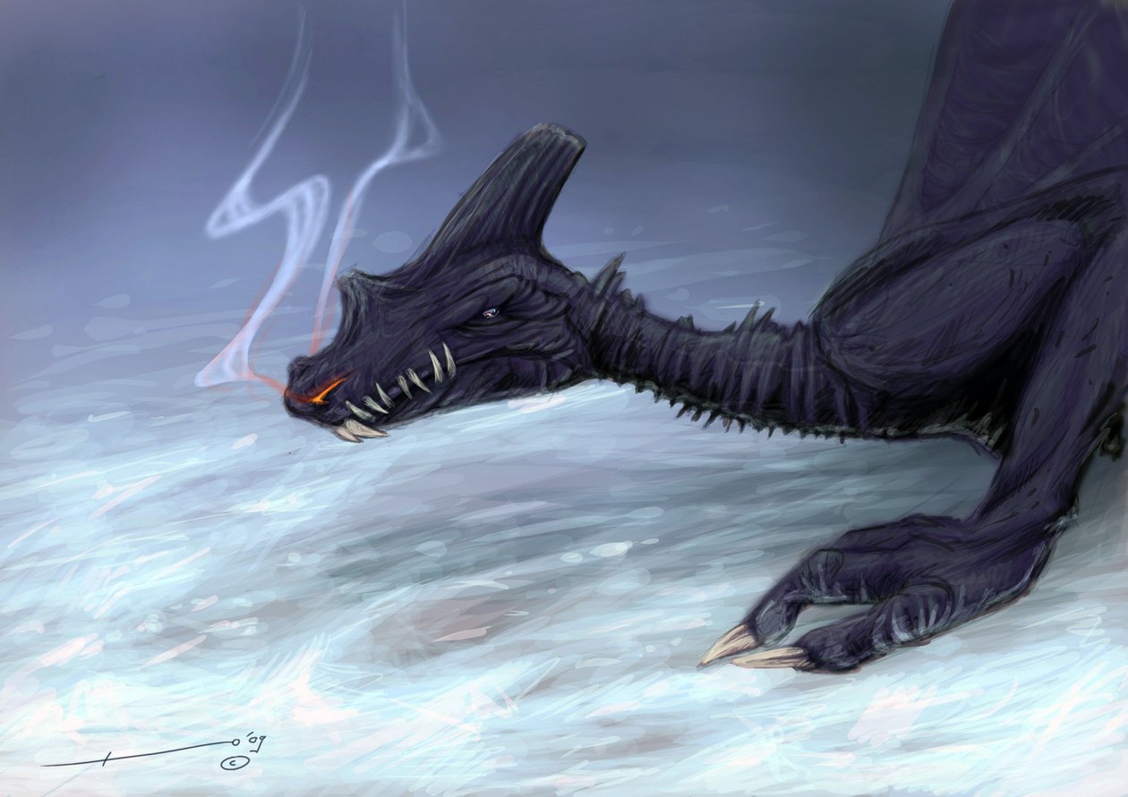 Legendäre Kreatur: Ein Drache im Schnee Zeichnung von Alessandro Lonati von Alessandro Lonati