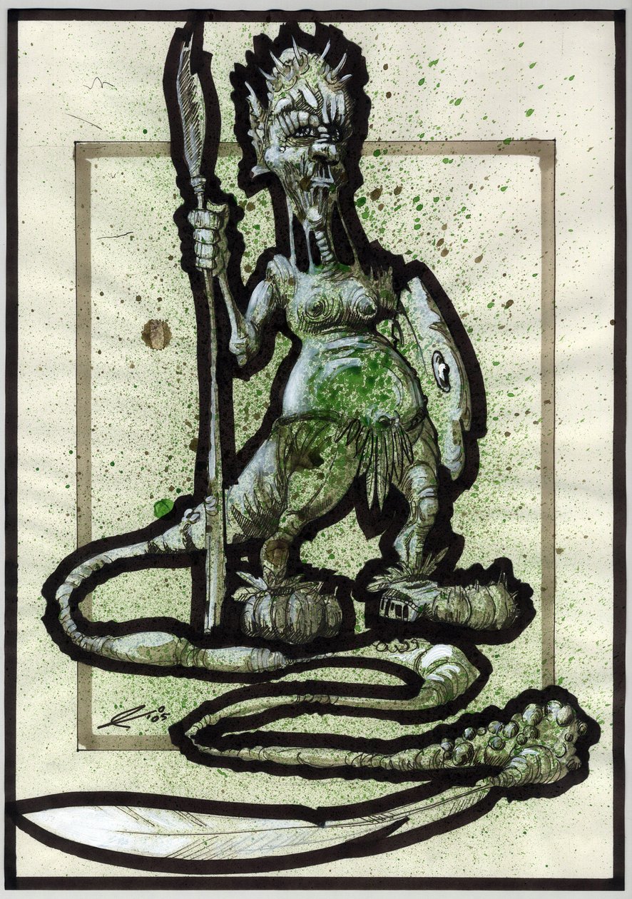 Legendäres Monster für Fantasy-Illustration: Gesicht eines Stammeswesens oder Kriegers mit Speer, Schild und Federschwanz. Zeichnung von Alessandro Lonati von Alessandro Lonati