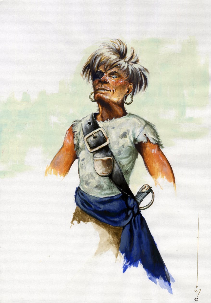 Porträt eines Piraten (Freibeuter) oder Seemanns mit Augenklappe (einäugig). Farbzeichnung von Alessandro Lonati. von Alessandro Lonati