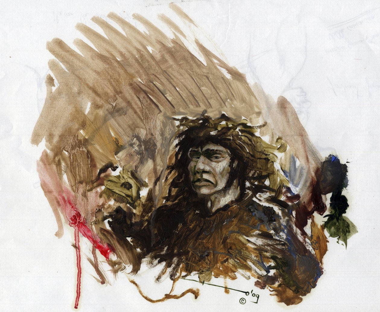 Prähistorie: Darstellung eines Neandertalers im Mittelpaläolithikum. Zeichnung von Alessandro Lonati von Alessandro Lonati