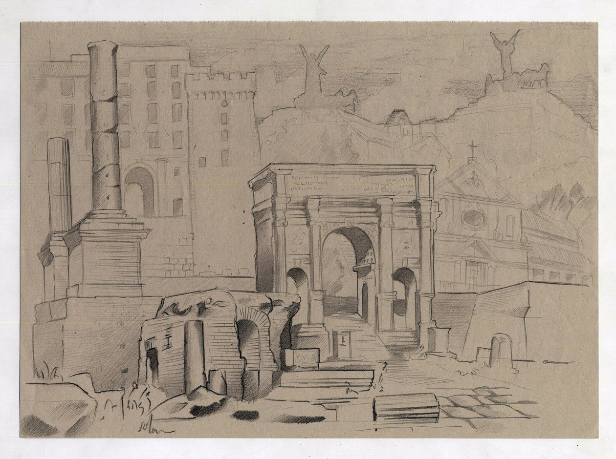 Ruinen der Römerzeit in Rom, Forum (foro romano). Zeichnung von Alessandro Lonati. von Alessandro Lonati