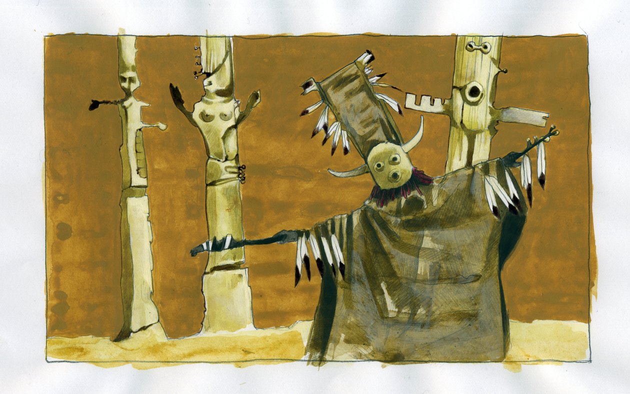 Schamanismus: spirituelle Zeremonie, die sich auf die Vermittlung zwischen Menschen und Naturgeistern konzentriert - Schamane und seine Totems - Illustration von Alessandro Lonati von Alessandro Lonati