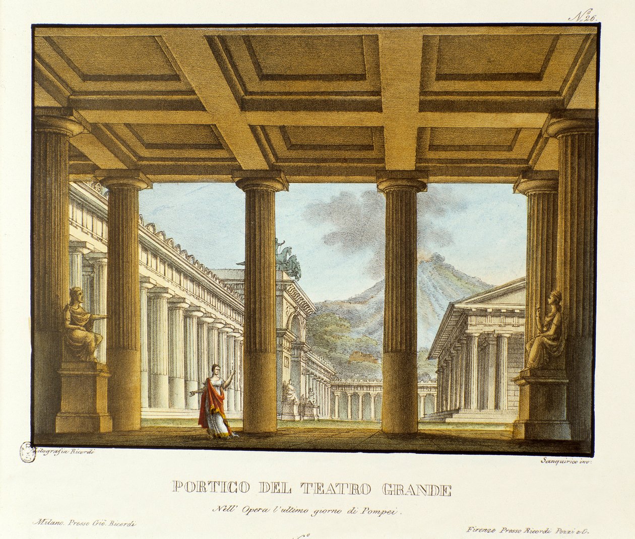 Portikus des Großen Theaters in Pompeji, im Hintergrund der Vesuv (Detail) von Alessandro Sanquirico