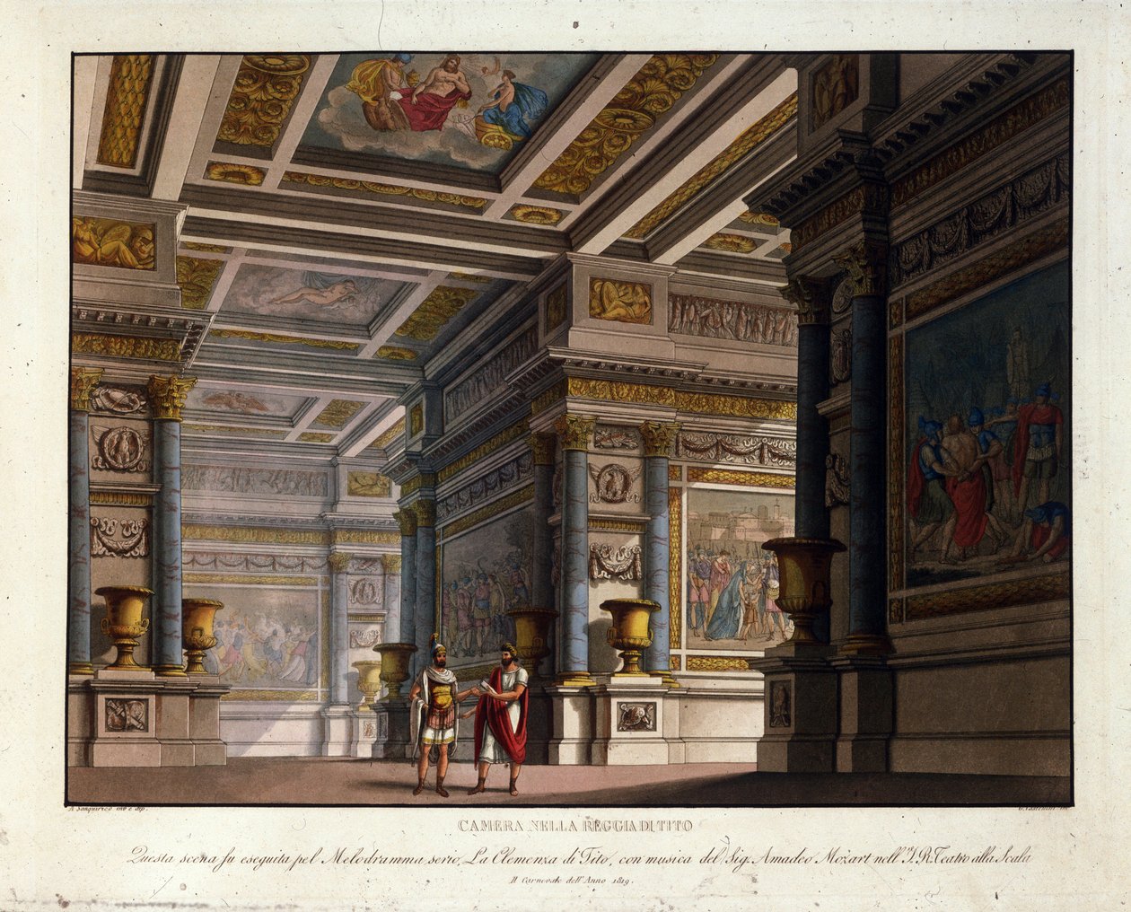 Szenografie von Alessandro Sanquirico (1777-1849) für „La Clemence de Tito“ von Wolfgang Amadeus Mozart (1756-1791) aufgeführt in La Scala in Mailand 1819 und Darstellung des Raums im Königspalast von Tito von Alessandro Sanquirico