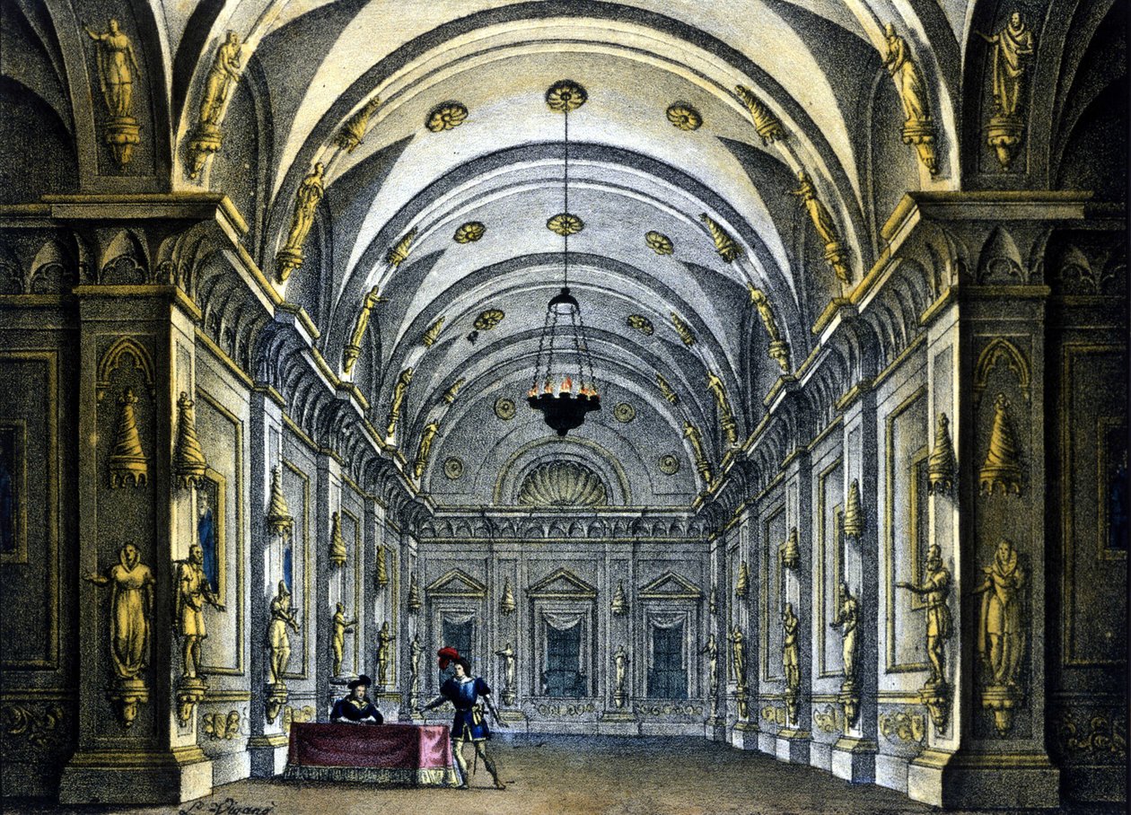 Bühnenbild von Sanquirico für die Oper „Anna Bolena“ von Gaetano Donizetti (1797-1848), aufgeführt im Teatro Carcano in Mailand von Alessandro Sanquirico