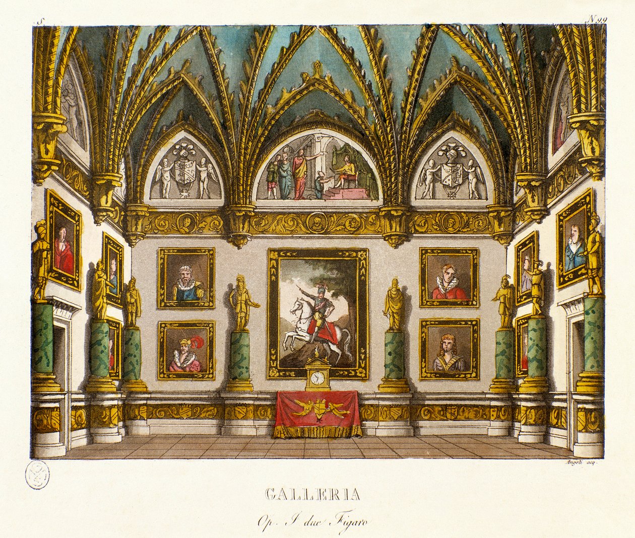 Ansicht der Galerie dekoriert mit Gemälden, Szenografie für die Oper „I due figaro“ von Giuseppe Saverio Raffaele Mercadante, nach dem Stück „The two figaros or the Subject of comedie“ von Honore Francois Richaud von Alessandro Sanquirico