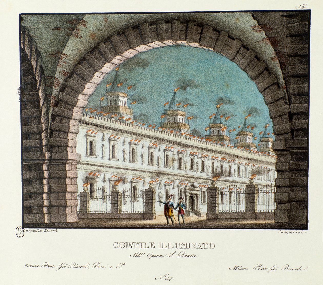 Ansicht des großen beleuchteten Hofes, Bühnenbild für die Oper Il pirata von Vincenzo Bellini von Alessandro Sanquirico
