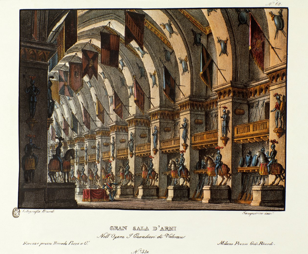Ansicht des großen Waffensaals. Szenografie für die Aufführung der Oper „I cavalieri di Valenza“ von Giovanni Pacini und Gaetano Rossi (1828). Lithografie in „Raccolta di invenzioni sceniche del 1830 di Alessandro Sanquirico“ von Alessandro Sanquirico