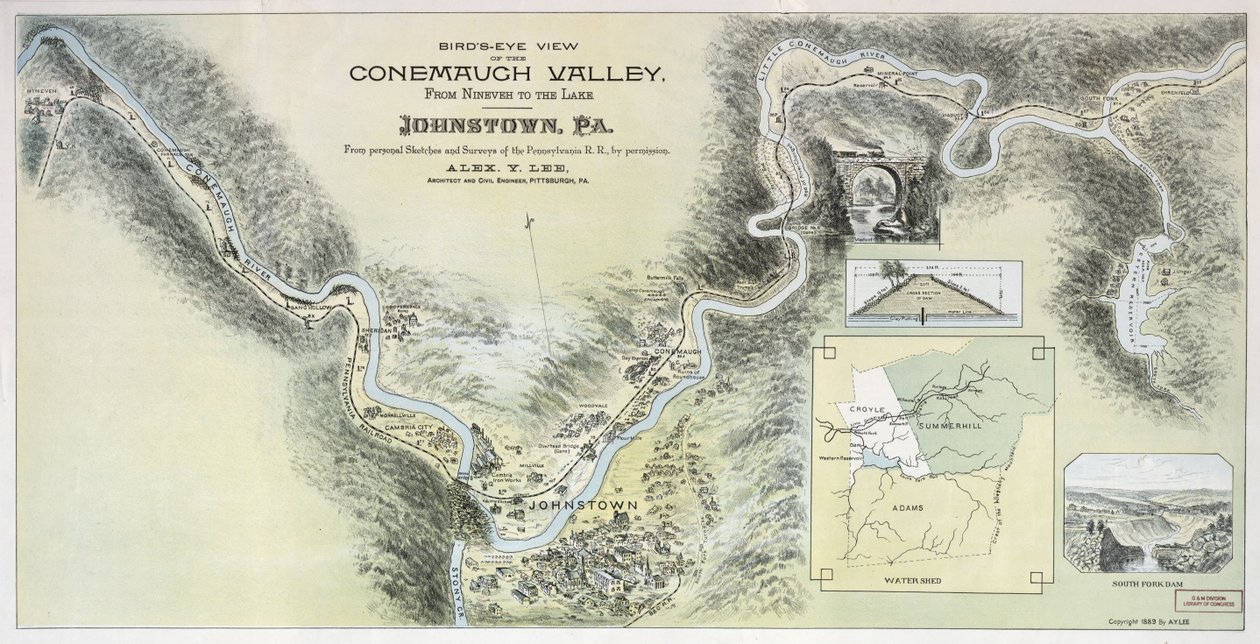 Vogelperspektive des Conemaugh-Tals von Nineveh bis zum See, Johnstown, Pa.: aus persönlichen Skizzen und Vermessungen der Pennsylvania R.R. mit Erlaubnis von Alex. Y.; Pennsylvania Railroad Lee