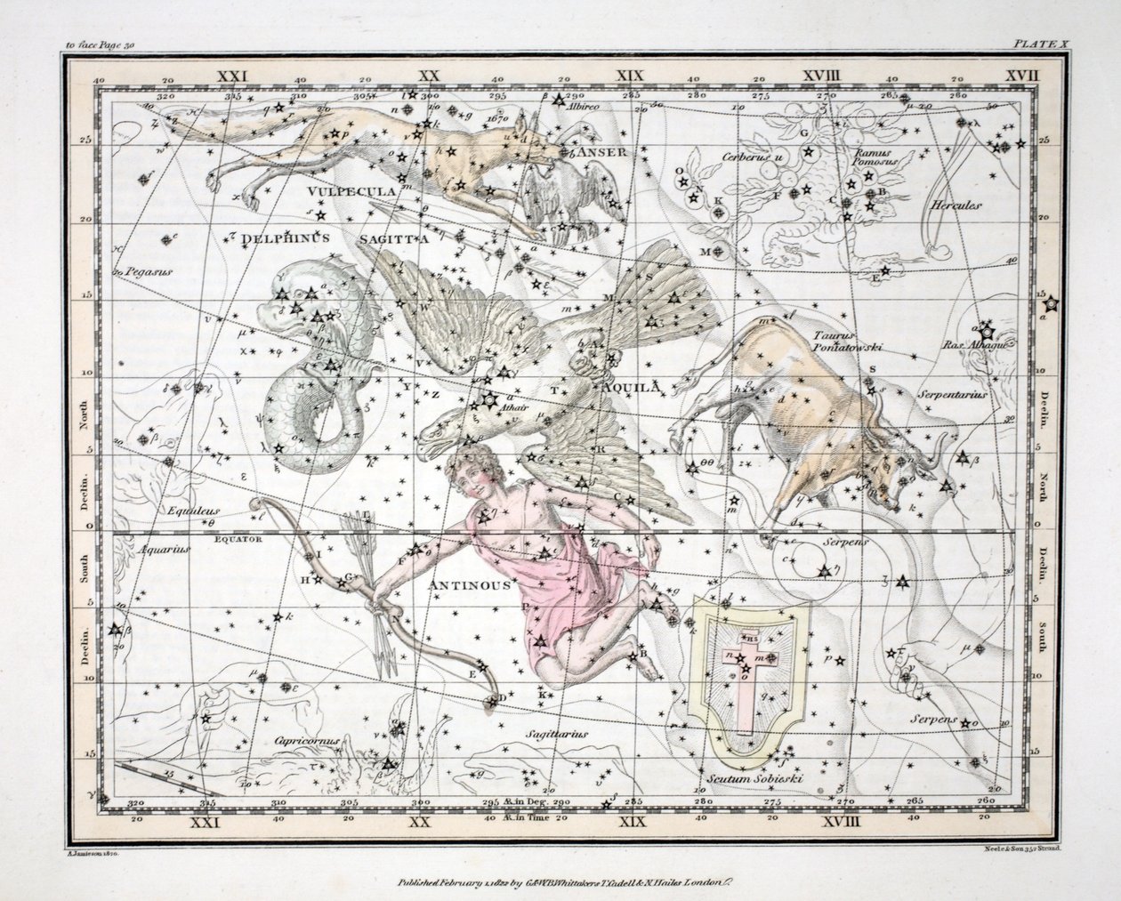 Die Konstellationen (Tafel X) Aquila et Antinous, Scutum Sobieski, Taurus Poniatowski, Sagitta, Valpecula et Anser und Delphinus, aus 