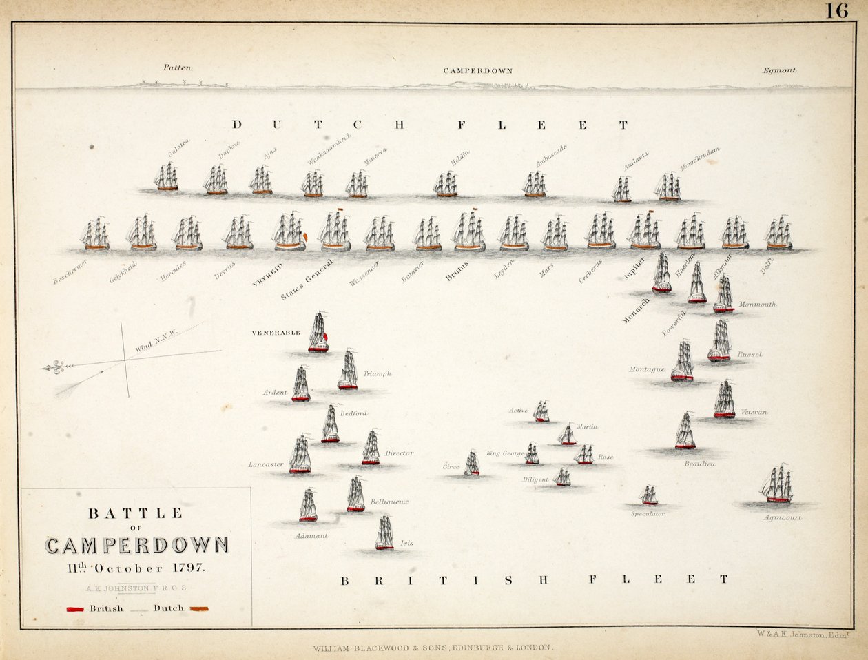 Karte der Schlacht von Camperdown, veröffentlicht von William Blackwood und Sons, Edinburgh und London von Alexander Keith Johnston