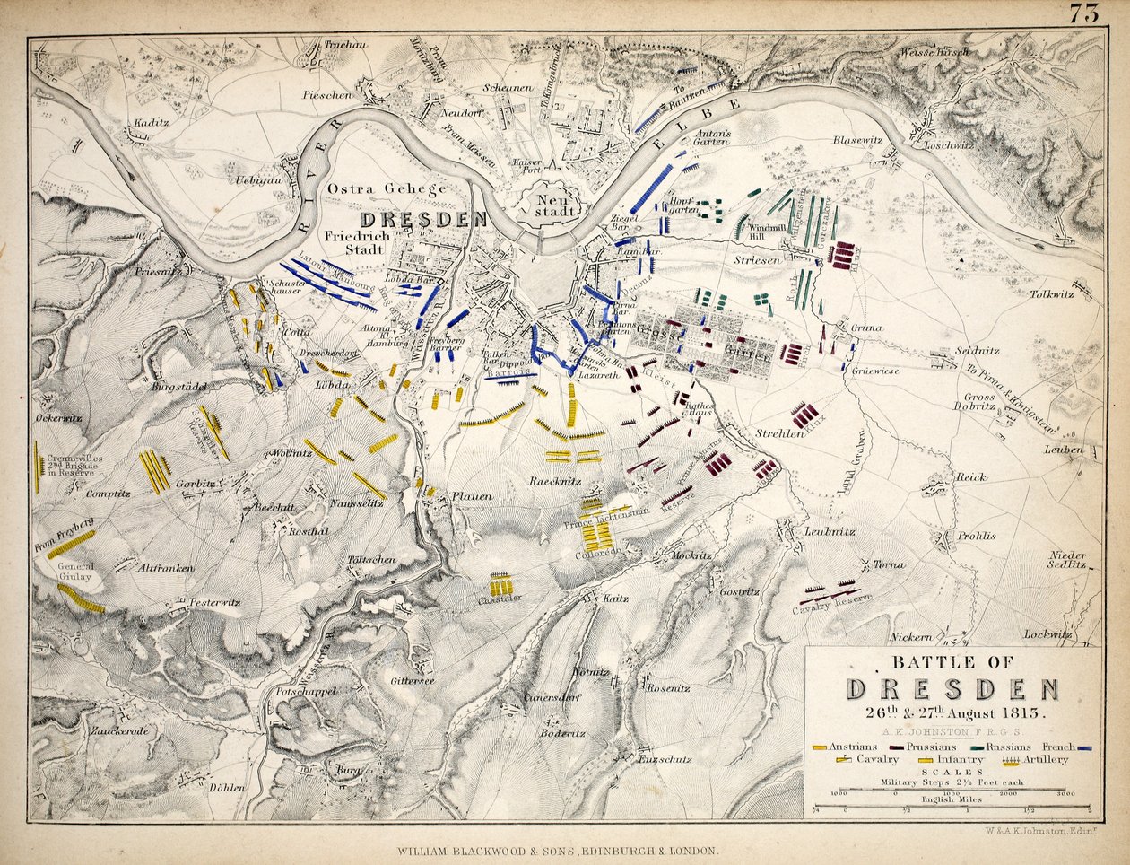 Karte der Schlacht von Dresden, veröffentlicht von William Blackwood und Sons, Edinburgh und London, 1848 von Alexander Keith Johnston