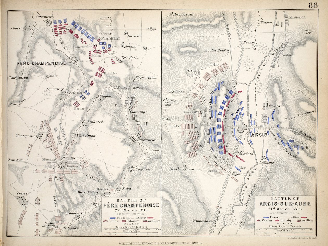 Karte der Schlacht von Fere Champenoise und der Schlacht von Arcis-Sur-Aube, veröffentlicht von William Blackwood und Sons, Edinburgh und London, 1848 von Alexander Keith Johnston