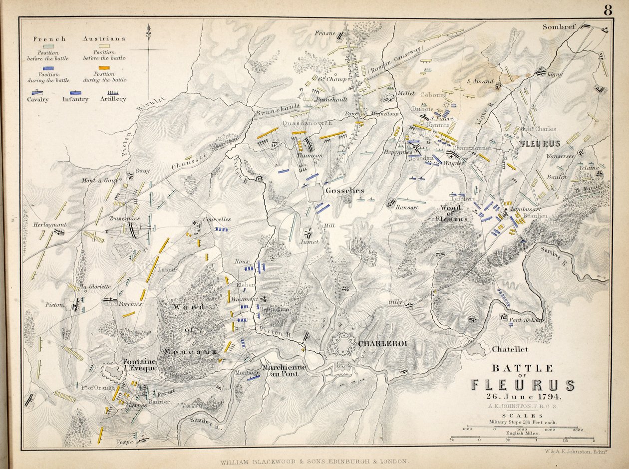 Karte der Schlacht von Fleurus, veröffentlicht von William Blackwood and Sons, Edinburgh und London, 1848 von Alexander Keith Johnston