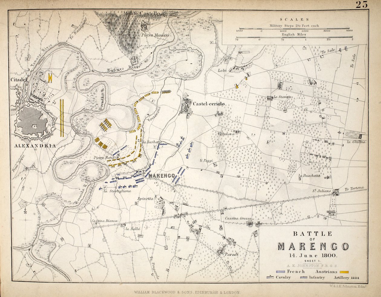Karte der Schlacht von Marengo, veröffentlicht von William Blackwood and Sons, Edinburgh und London, 1848 von Alexander Keith Johnston