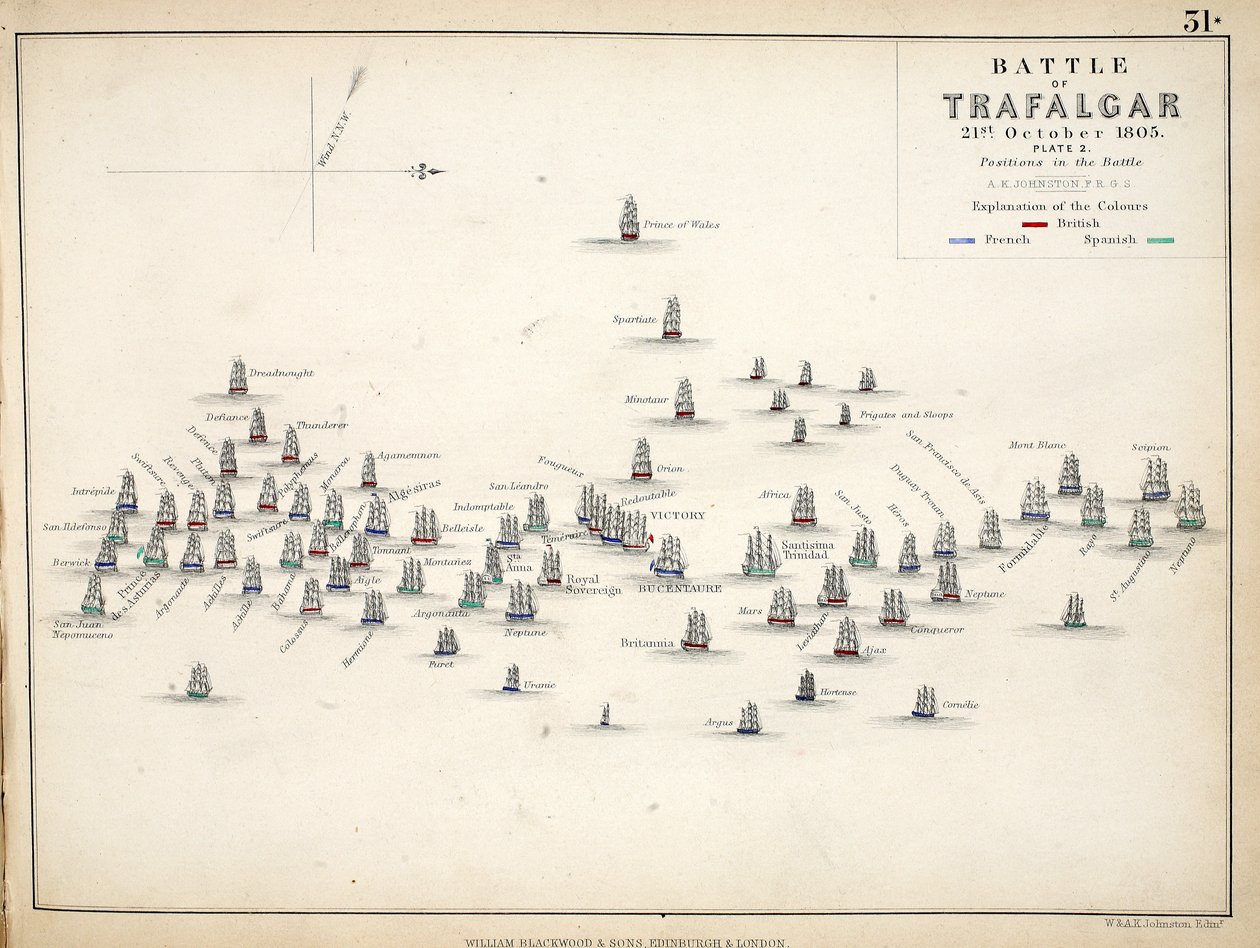 Karte der Schlacht von Trafalgar, veröffentlicht von William Blackwood und Sons, Edinburgh und London, 1848 von Alexander Keith Johnston