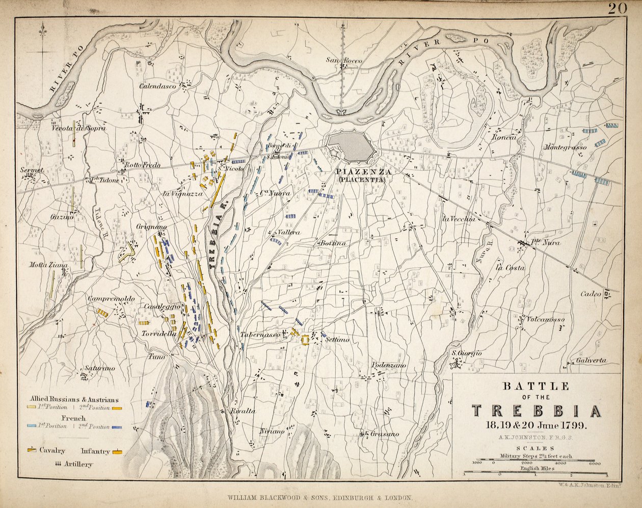 Karte der Schlacht von Trebbia, veröffentlicht von William Blackwood und Sons, Edinburgh und London, 1848 von Alexander Keith Johnston