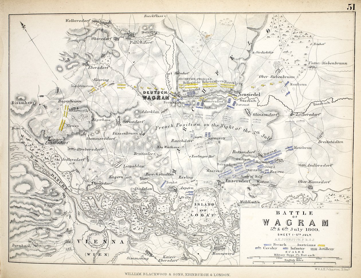 Karte der Schlacht von Wagram, veröffentlicht von William Blackwood and Sons, Edinburgh und London, 1848 von Alexander Keith Johnston
