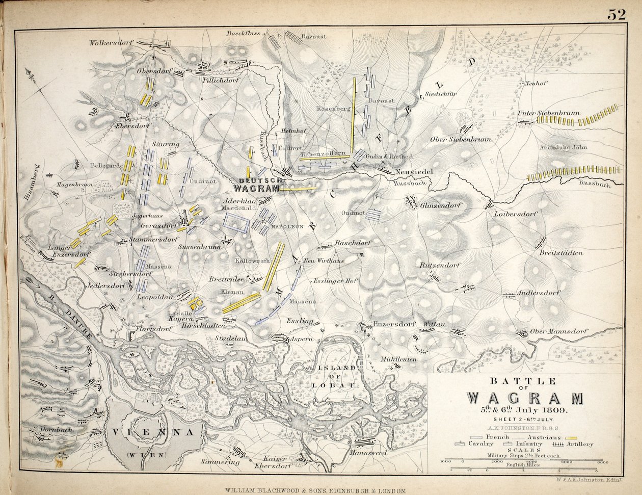 Karte der Schlacht von Wagram, veröffentlicht von William Blackwood und Sons, Edinburgh und London, 1848 von Alexander Keith Johnston