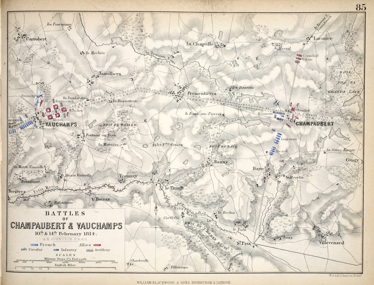 Karte der Schlachten von Champaubert und Vauchamps, veröffentlicht von William Blackwood and Sons, Edinburgh und London, 1848 von Alexander Keith Johnston