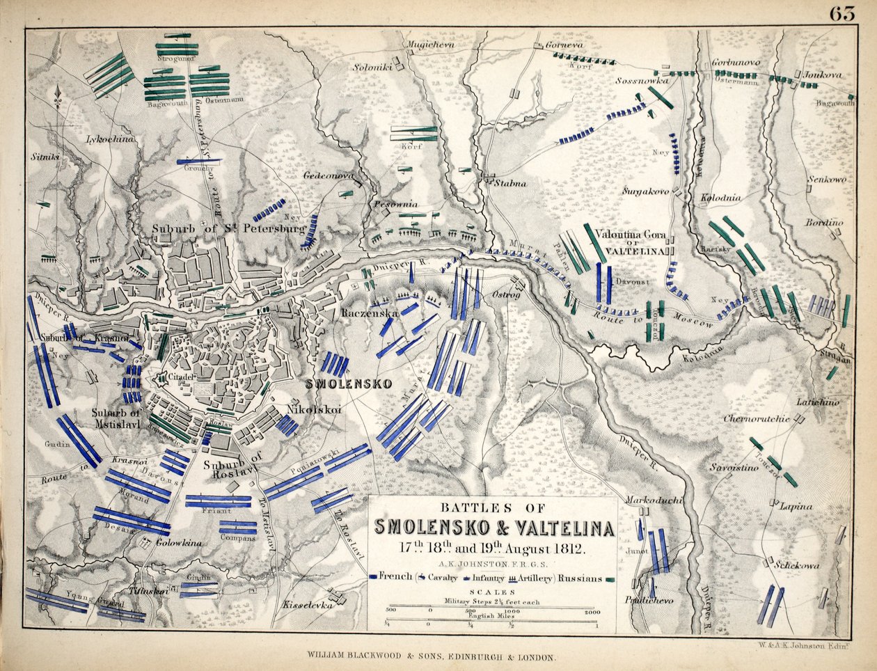 Karte der Schlachten von Smolensko und Valtelina, veröffentlicht von William Blackwood and Sons, Edinburgh und London, 1848 von Alexander Keith Johnston