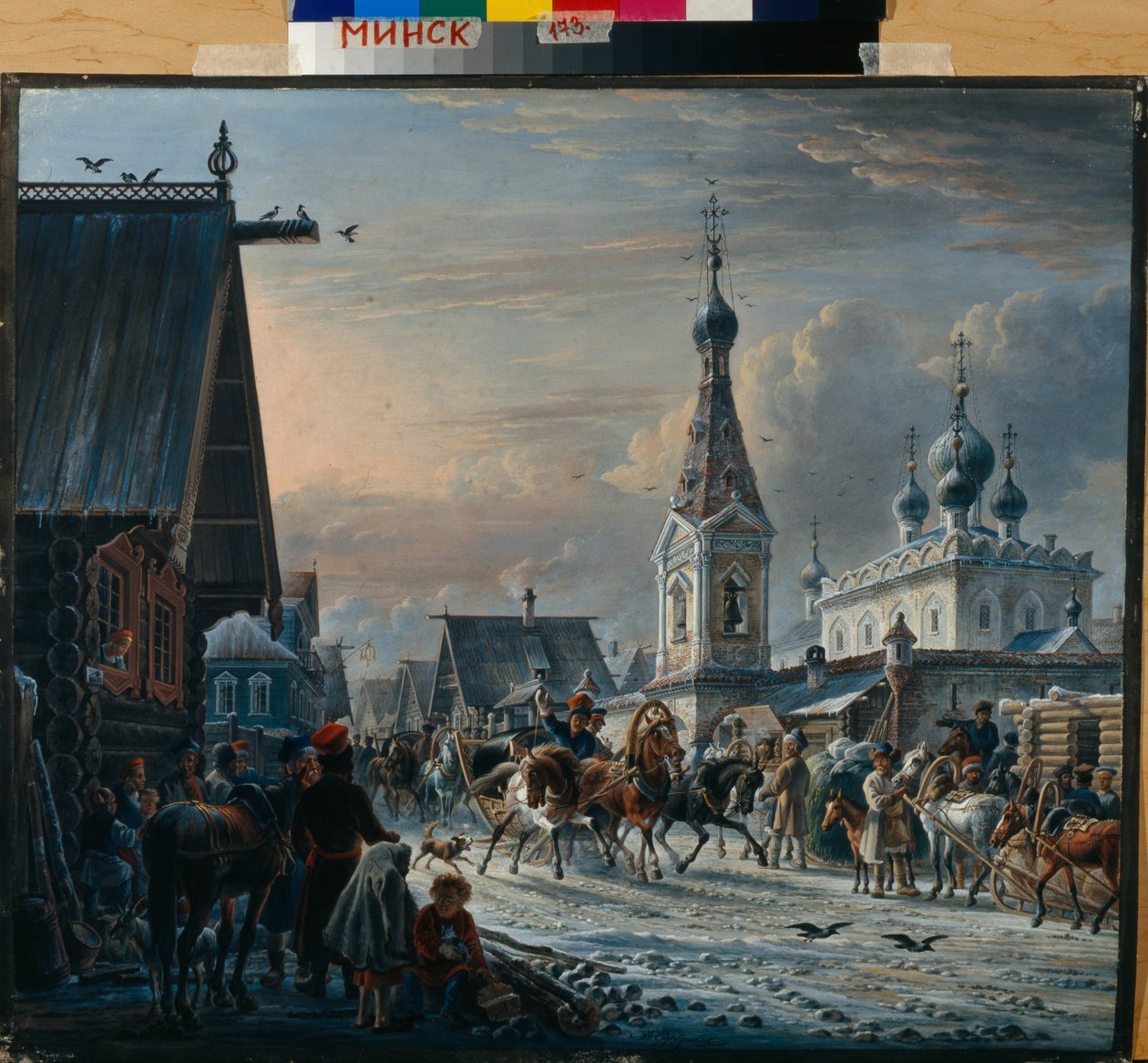 Russische Postschlitten (Troika) fahren im Winter durch eine Straße und grüßen die Bewohner von Alexander Orlowski